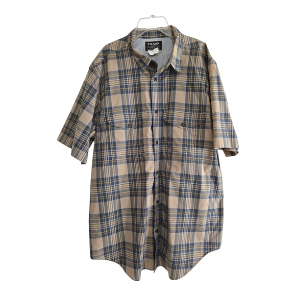 Filson Twin Lakes Short Sleeve Sport Shirt XL Gold/Blue Plaid Outdoor UPF Vented - Picture 1 of 2